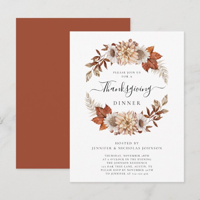 Invitation Carte Postale Dîner de Thanksgiving aux feuilles d'automne rusti (Devant / Derrière)