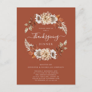 Invitation Carte Postale Dîner de Thanksgiving aux feuilles florales rustiq