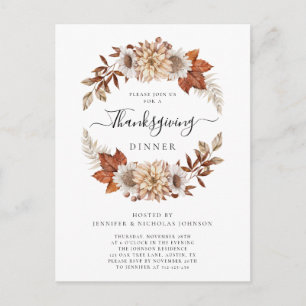 Invitation Carte Postale Dîner de Thanksgiving Fleurs d'Automne Rustique