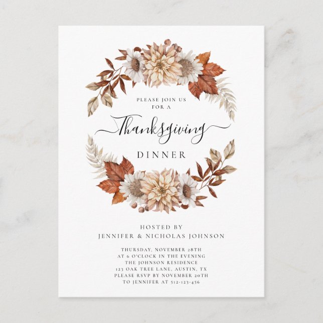 Invitation Carte Postale Dîner de Thanksgiving Fleurs d'Automne Rustique (Devant)