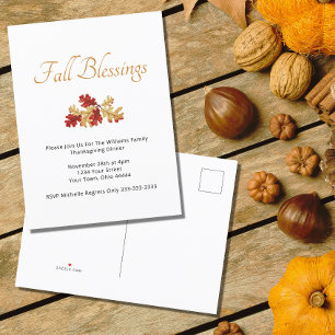 Invitation Carte Postale Dîner Thanksgiving Automne Russe Rouge or Feuilles
