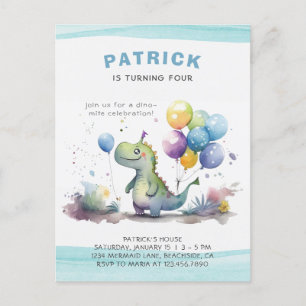 Invitation Carte Postale Dino Party Cute Aquarelle Boy Blue Anniversaire