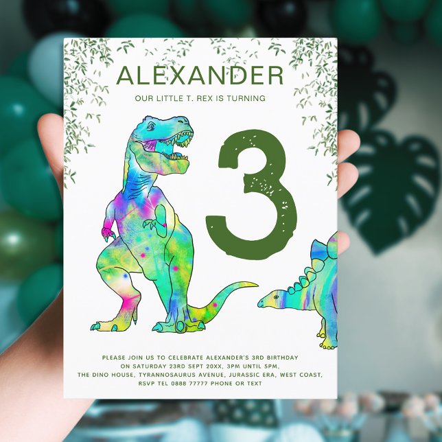 Invitation Carte Postale Dinosaur 3ème anniversaire du budget de la fête (T-Rex dinosaur jungle 3rd birthday party budget invitation postcard green)