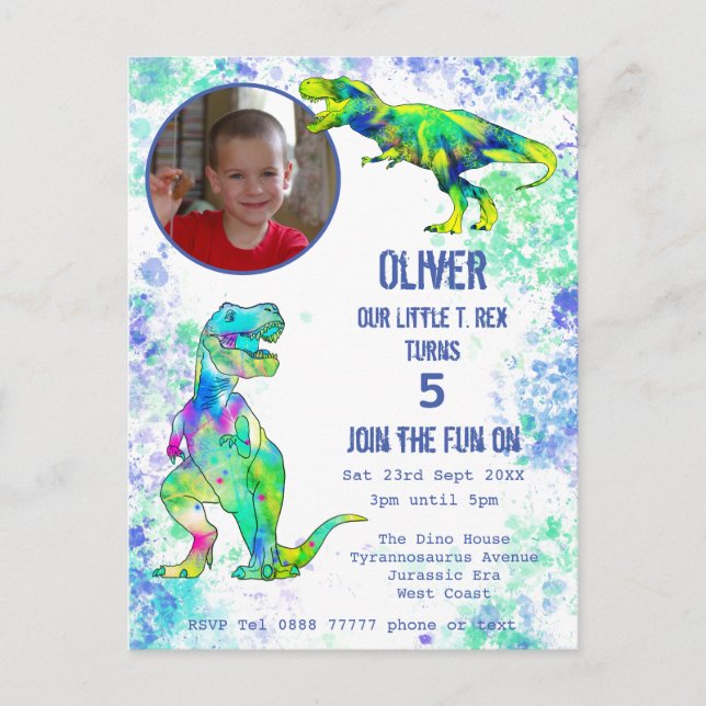 Invitation Carte Postale Dinosaur 5e anniversaire T Rex Boys Photo Green Bl (Devant)