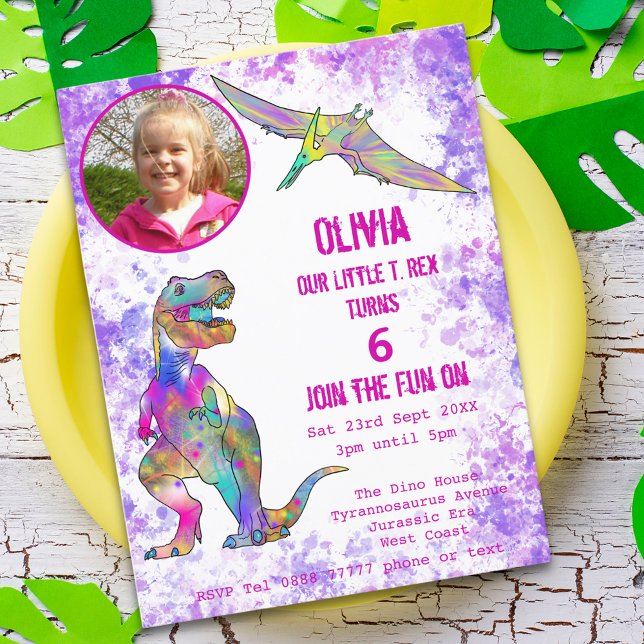 Invitation Carte Postale Dinosaur 5e anniversaire T Rex Girl Photo rose vio (Dinosaur T-Rex girls 5th birthday party budget invitation postcard with photo template watercolor)