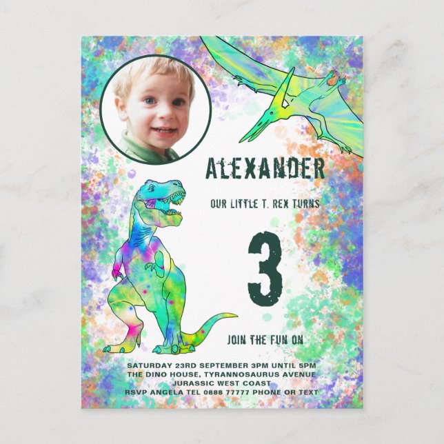 Invitation Carte Postale Dinosaur Anniversaire Photo Fête Moderne (Devant)
