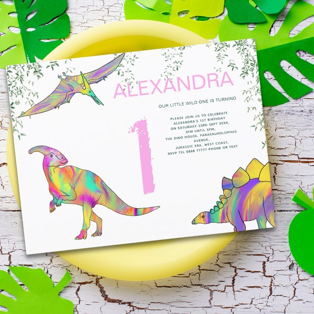 Invitation Carte Postale Dinosaur Aquarelle 1er Anniversaire fête Budget ro (Colorful dinosaurs 1st birthday party pink budget invitation wild one girl)