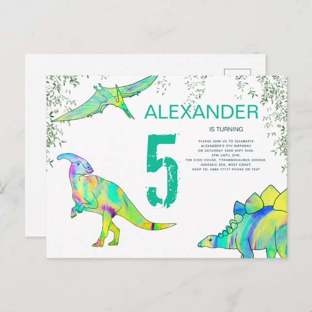 Invitation Carte Postale Dinosaur aquarelle 5ème anniversaire budget de la  (Devant / Derrière)