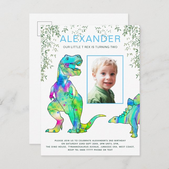 Invitation Carte Postale Dinosaur Boys Anniversaire Photo (Devant / Derrière)