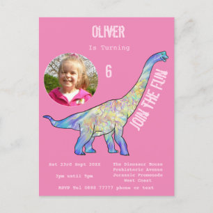 Invitation Carte Postale Dinosaur Brachiosaurus Filles Anniversaire rose Ph