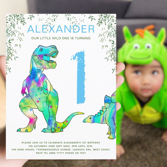 Invitation Carte Postale Dinosaur jungle 1er fête d'anniversaire Budget ble (Wild one dinosaur jungle colorful T-Rex and stegosaur 1st birthday party budget postcard invitation )