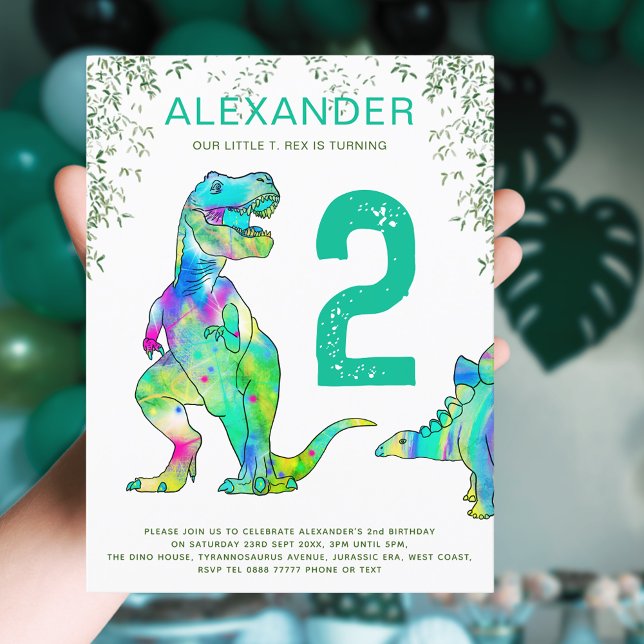 Invitation Carte Postale Dinosaur jungle 2e anniversaire du budget de la fê (Dinosaur 2nd birthday party budget Invitation with colorful watercolor T-Rex and stegosaurus dino)