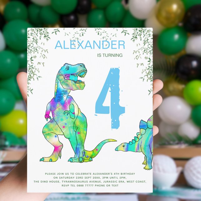 Invitation Carte Postale Dinosaur jungle 4ème anniversaire fête budget bleu (Dinosaur colorful T-Rex and stegosaurus jungle 4th birthday party budget invitation postcard )