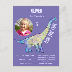 Invitation Carte Postale Dinosaure Brachiosaurus Filles Anniversaire Purple