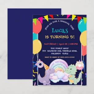 Invitation Carte Postale Dinosaure Licorne Arc-en-ciel donut ballon motif