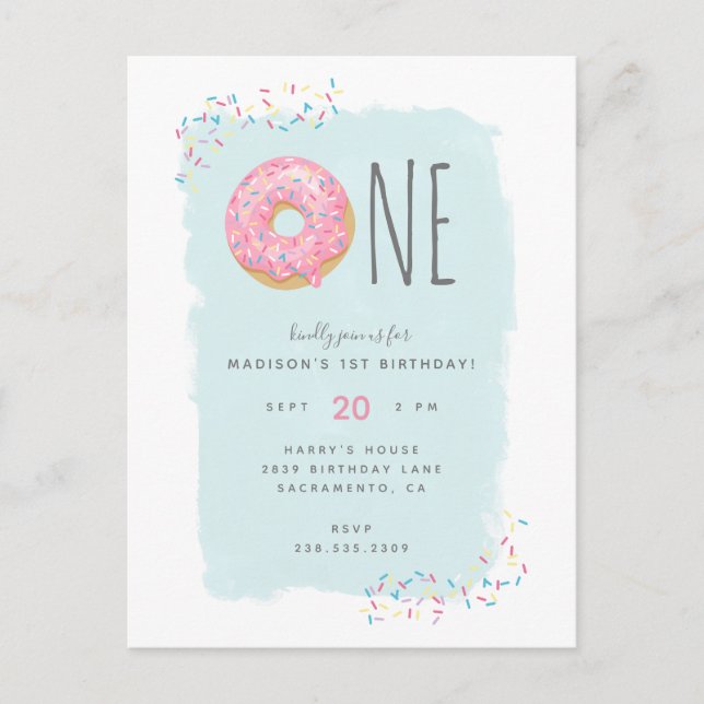 Invitation Carte Postale Donut rose pâle avec arrosage 1er anniversaire (Devant)