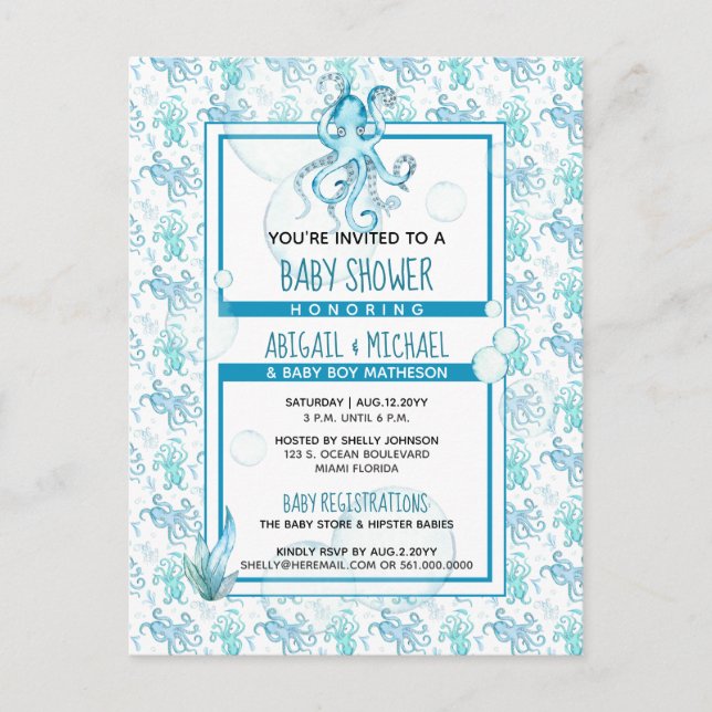 Invitation Carte Postale Douce Fête de Naissance Pieuvre Bleu Turquoise C'e (Devant)