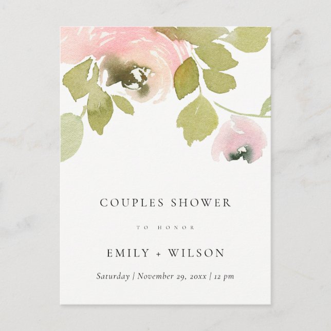 INVITATION CARTE POSTALE DOUCHE FLORALE COUPLES DE COULEUR D'EAU ROSE BLANC (Devant)