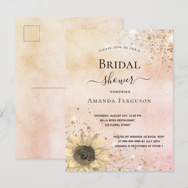 Invitation Carte Postale Douche nuptiale rose or rustique tournesol (Devant / Derrière)