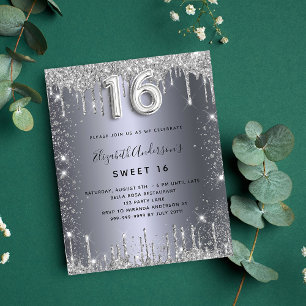 Invitation Carte Postale Doux 16 ans argent parties scintillant métal pouss