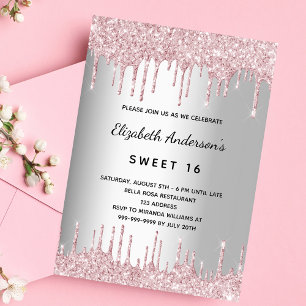 Invitation Carte Postale Doux 16 ans argent rose gouttes de parties scintil