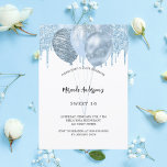 Invitation Carte Postale Doux 16 ballons bleu blanc gouttes de parties scin<br><div class="desc">Un arrière - plan blanc. Décoré avec des gouttes de parties scintillant bleu clair,  l'apparence de la peinture goutte à goutte et des ballons. Personnalisez et un nom et des détails du parti.</div>