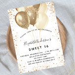 Invitation Carte Postale Doux 16 ballons de parties scintillant en or blanc<br><div class="desc">Pour une soirée Sweet 16,  16ème anniversaire. Un arrière - plan blanc chic. Décoré avec parties scintillant en faux or,  étincelles et ballons. Personnalisez et ajoutez un nom,  un âge et des détails de la fête. Le nom est écrit avec un script de style manuscrit</div>