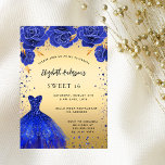 Invitation Carte Postale Doux 16 fleurs de parties scintillant en or bleu r<br><div class="desc">Une invitation moderne, élégante et glamour pour une fête Sweet 16, 16e anniversaire. Un faux arrière - plan d'or avec des étincelles de faux bleu et une robe bleue royale et des roses, des fleurs. Le nom est écrit avec un script de style moderne écrit à la main. Personnalisez et...</div>