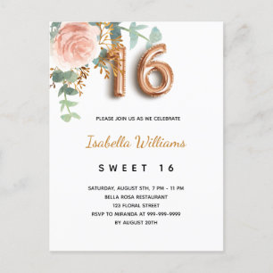 Invitation Carte Postale Doux 16 fleurs rose or vert eucalyptus