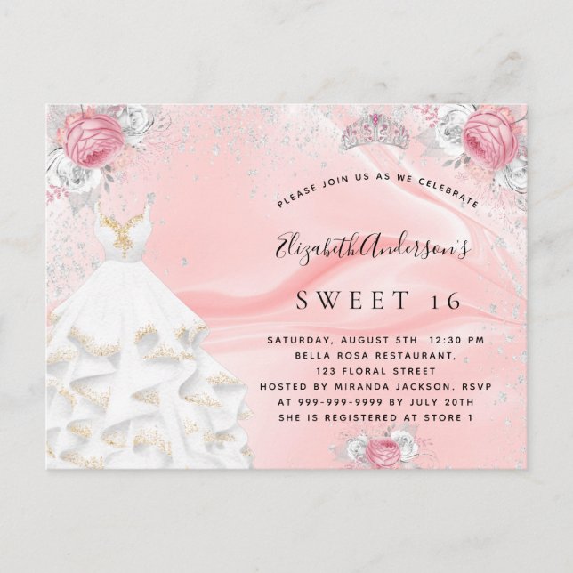 Invitation Carte Postale Doux 16 parties scintillant rose rousse robe flora (Devant)