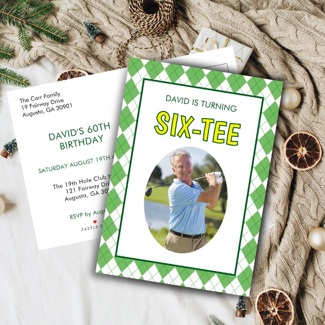 Invitation Carte Postale Drôle Six-tee Golf 60e Anniversaire  (Six-tee 60th birthday photo golf invitation postcard)