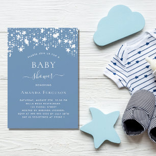 Invitation Carte Postale Dusty bleu blanc étoiles baby shower garçon