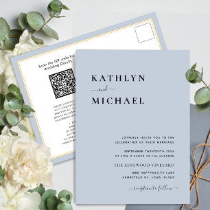 Invitation Carte Postale Dusty bleu moderne QR Code tout en un Mariage