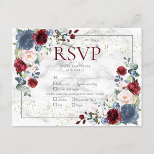 Invitation Carte Postale Dusty Blue Bourgogne Blush Gold Wedding RSVP