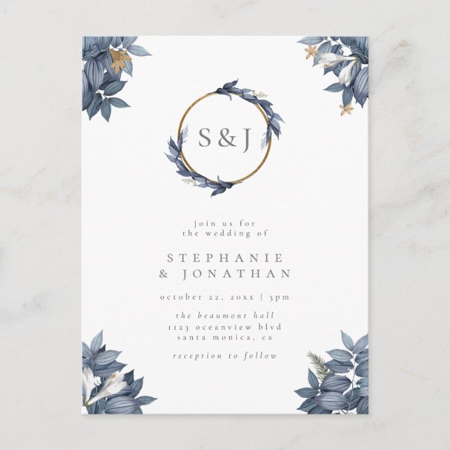 Invitation Carte Postale Dusty Blue Feuilles et Mariage de monogramme d'or  (Devant)