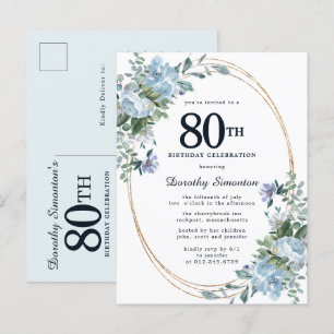 Invitation Carte Postale Dusty Blue Floral 80e Anniversaire Jolie invitatio