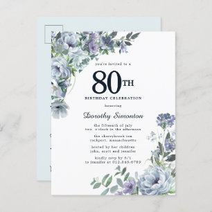 Invitation Carte Postale Dusty Blue Floral 80e Anniversaire Plutôt