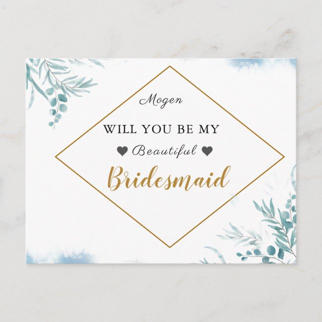 Invitation Carte Postale Dusty Blue Greenery Feuille Mariage Bridesmaid (Devant)
