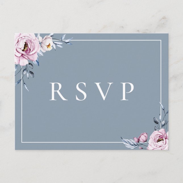 Invitation Carte Postale Dusty Blue Mauve Floral RSVP Song Choix (Devant)