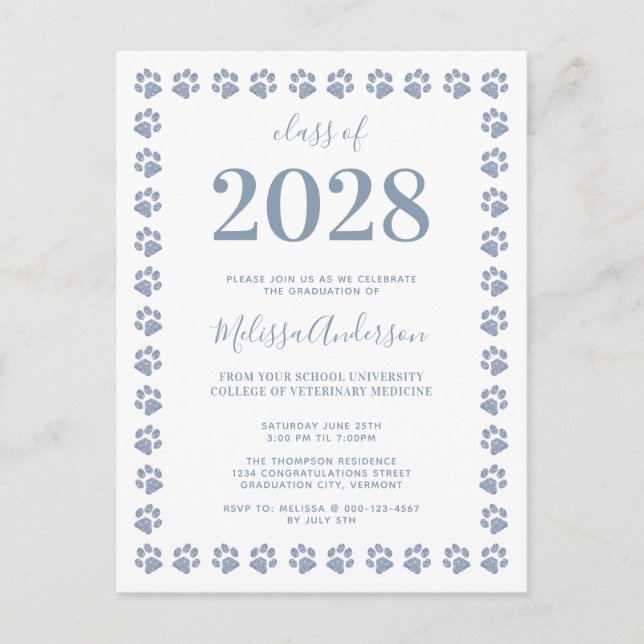 Invitation Carte Postale Dusty Blue Parties scintillant Empreintes de patte (Devant)