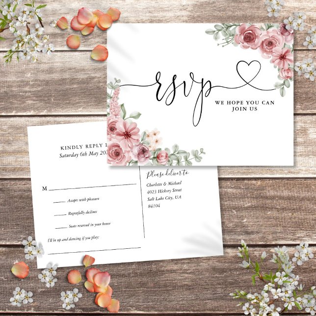 Invitation Carte Postale Dusty Rose Floral Heart Script Chanson Demande Car (Dusty Rose Floral Heart Script Song Request Card)