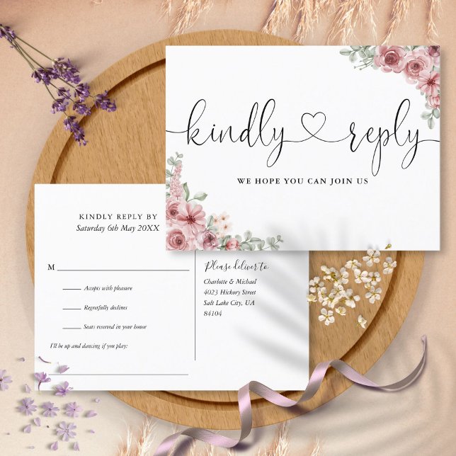Invitation Carte Postale Dusty Rose Floral Heart Script Demande de chanson  (Dusty Rose Floral Heart Script Song Request RSVP Invitation Postcard)