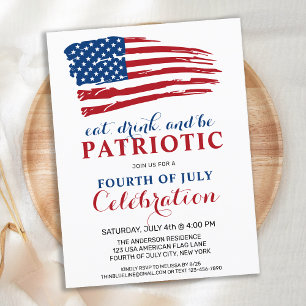 Invitation Carte Postale Eat Drink Be Patriotic USA Flag 4 juillet Party