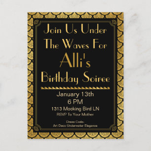 Invitation Carte Postale Écailles de sirène Art déco - Noir et or