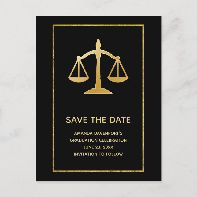 Invitation Carte Postale Échelles d'or de justice thème juridique enregistr (Devant)
