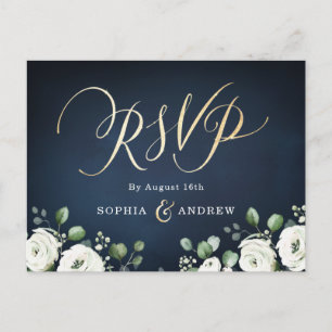 Invitation Carte Postale Ecriture or moderne marine blanc mariage floral RS