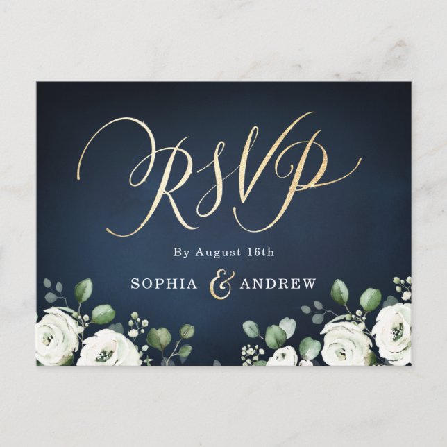 Invitation Carte Postale Ecriture or moderne marine blanc mariage floral RS (Devant)