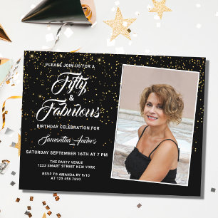 Invitation Carte Postale Elegant 50 et Fabulous Black Gold Parties scintill