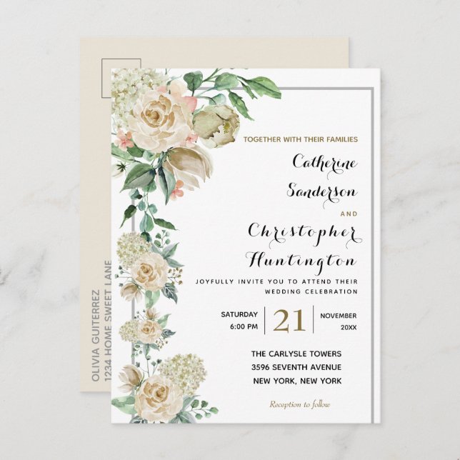 Invitation Carte Postale Elégant aquarelle Floral Mariage (Devant / Derrière)