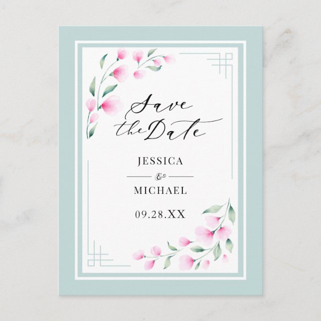 Invitation Carte Postale Elégant Aquarelle Rose Mint Floral Enregistrer La  (Devant)